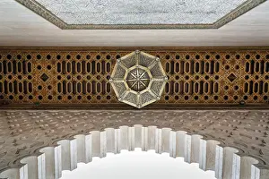 Prints of Detail of the ceiling with lamp, arabesque, ornaments in the entrance area, view from below, Mausoleum in Rabat, Rabat-Sale-Kenitra, Morocco Detail of the ceiling with lamp, arabesque Rabat Prints: Mausoleum in Rabat Print