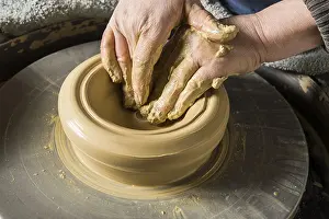 Ceramic Workshop Detail Prints: Ceramic workshop, hands shape on pottery wheel