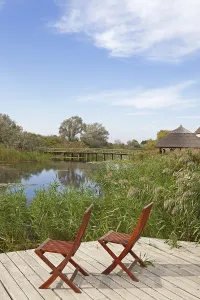 Danube Delta Biosphere Reserve Prints: Two chairs on viewing platform at the lagoon