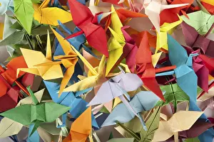 Colorful Bird Photography Prints: A chaotic array of multicolored origami cranes overlapping each other
