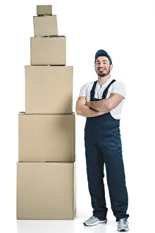 Logistics Service Provider Prints: Cheerful courier near stack boxes