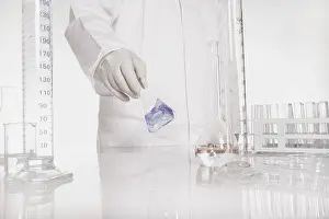 Chemist At Work Prints: Chemist checking liquid in flask in a lab