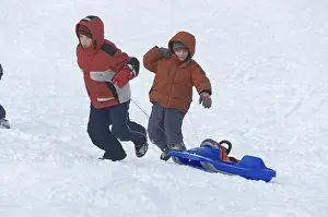 Winter Sledging Prints: Two children are pulling their sledge up the hill