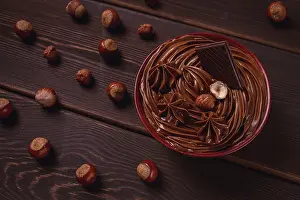 High Angle View Of Dessert Prints: Chocolate nut paste, mousse, pasta