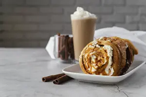 Baked Goods Image Prints: Cinnamon rolls beverage