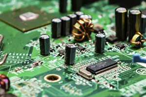 Computer Motherboard Design Prints: Circuit board background of computer motherboard and electronics