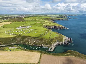 Welsh Landscape From Above Prints: Cliffs and Fields over Porthclais from a drone