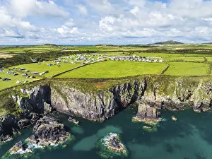 British Countryside Aerial View Prints: Cliffs and Fields over Porthclais from a drone