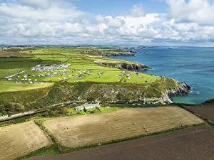 Aerial Landscape Photography UK Prints: Cliffs and Fields over Porthclais from a drone