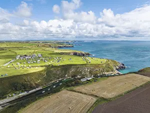 Welsh Countryside Landscape Prints: Cliffs and Fields over Porthclais from a drone