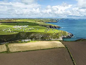 Welsh Countryside From Above Prints: Cliffs and Fields over Porthclais from a drone