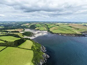 Prints of Cliffs over Mothecombe Beach and Red Cove from a drone, River Emme, Mothecombe, Plymouth, South Devon, England, United Kingdom Plymouth Prints: Mothecombe Beach and Red Cove Drone Print