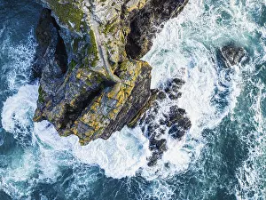 Northern Europe Coastal Scenery Prints: Top Down over Cliffs and Waves from a drone