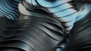Modern Building Illustration Prints: Close up of smooth, metallic wave patterns with blue light reflections
