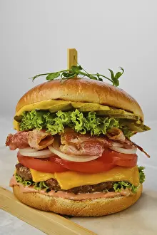 High Calorie Meal Ideas Prints: Close up view of beef burger with bacon