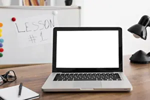 Contemporary Office Job Scene Prints: Close up workplace with laptop