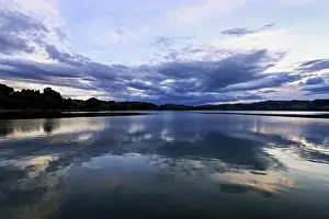Prints of Cloud formation over Lac d'Aiguebelette, Large Natural Lake, at the foot of the Epine Mountains, Aiguebelette-le-Lac, Savoie Department, France Cloud formation over Lac d'Aiguebelette Lake Prints: Cloud Formation Print over Lac d'Aiguebelette, France