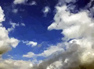 Colorful Illustration Prints: Clouds over a blue sky painted background