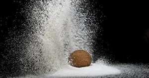 Studio Shot Nutrition Prints: Coconut (cocos nucifera), Fruit and Powder Exploding against Black Background