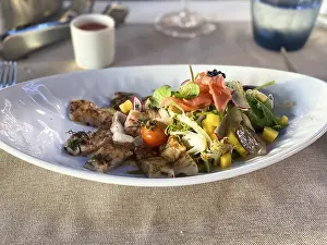 Prints of Cod fillet with lettuce, tomato, avocado, Mallorca Spain Cod Prints: Cod Fillet with Lettuce, Tomato Print
