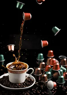 Empty Tableware Setup Prints: Coffee flows from a floating capsule into a cup