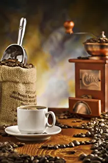 Freshly Roasted Coffee Beans Prints: Coffee items on table
