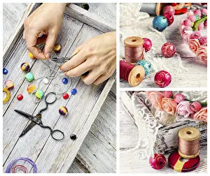 Needlework Accessories Prints: Collage with accessories for needlework and beads