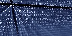 Cyber Crime Protection Prints: Colorful digital binary data digits and streaming binary code background with light beams