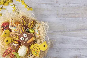 Pastry Decoration Ideas Prints: Colourful decorated Easter biscuits in nest
