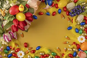 Colourful Easter Eggs Prints: Colourful Easter frame with spring flowers