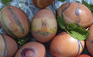 Decorative Easter Bunny Figurine Prints: Colourful painted Easter eggs, Germany