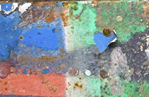 Weathered Metal Surface Prints: Colourful pattern of peeling paint and rust on a metal surface