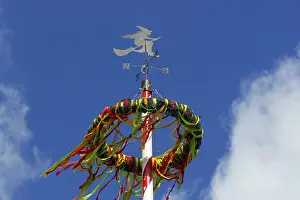 Colourful Maypole Print - Traditional Craft Under Blue Sky