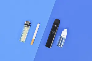 Real V Electronic Cigarettes Prints: Comparison between electronic and real cigarette with lighter and liquid solution