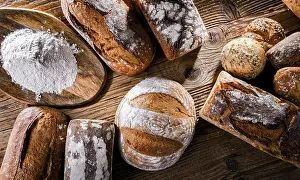 Pastry And Bread Display Prints: Composition with assorted bakery products on wooden table