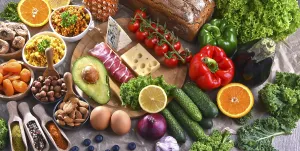 Kitchen Table Setting Prints: Composition with assorted food products on kitchen table