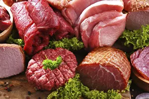 Fast Food Photography Prints: Composition with assorted meat products