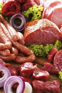 Diverse Food Choices Prints: Composition with assorted meat products