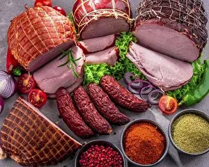 Deserted Butcher Shop Prints: Composition with assorted meat products