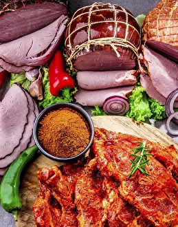 Assorted Meat Products Prints: Composition with assorted meat products including ham