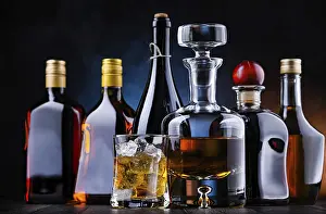 Bar Setup Ideas Prints: Composition with bottles of assorted alcoholic beverages