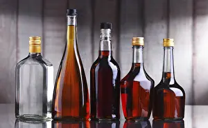 Deserted Bar Scene Prints: Composition with bottles of assorted alcoholic beverages