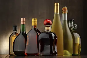 Alcoholic Beverage Arrangement Prints: Composition with bottles of assorted alcoholic beverages