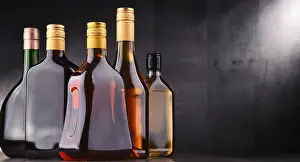 Alcoholic Beverage Arrangement Prints: Composition with bottles of assorted alcoholic beverages