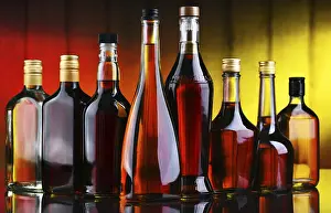 Diverse Liquor Selection Prints: Composition with bottles of assorted alcoholic beverages