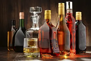 Whisky Bottles Arrangement Prints: Composition with bottles of assorted alcoholic beverages