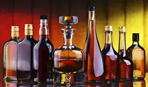 Alcoholic Beverage Display Prints: Composition with bottles of assorted alcoholic beverages