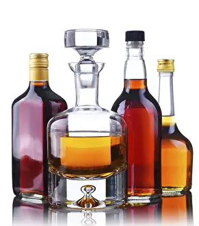 Whisky Bottles Prints: Composition with bottles of assorted alcoholic beverages