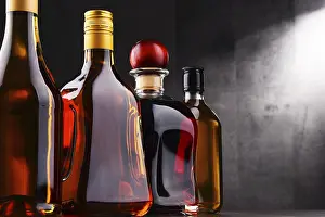 Alcoholic Beverage Display Prints: Composition with bottles of assorted alcoholic beverages