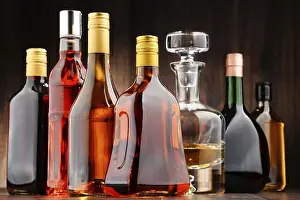 Distilled Spirits Showcase Prints: Composition with bottles of assorted alcoholic beverages